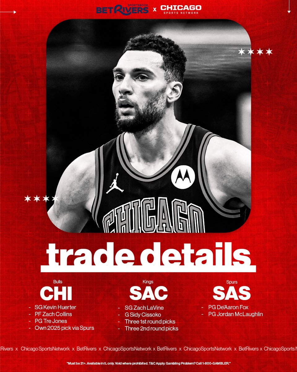 The Bulls are receiving Kevin Huerter, Zach Collins, Tre Jones and keeping their 2025 first round pick that was owed to the Spurs with top-10 protection in the Zach LaVine trade.

(Confirmed by <a href="/KCJHoop/">K.C. Johnson</a>)