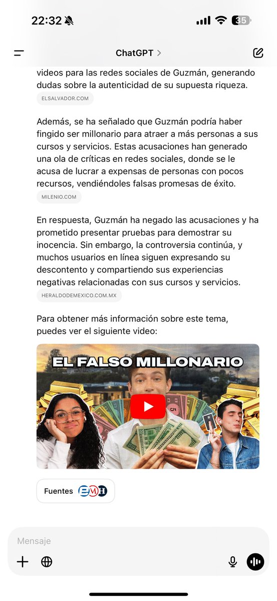 Willywapz's tweet photo. Le pregunté a chat GPT si Alessandro Guzmán era estafador y me recomendó el vídeo de @nimeladilles_ https://t.co/Kb8yS0A8rL