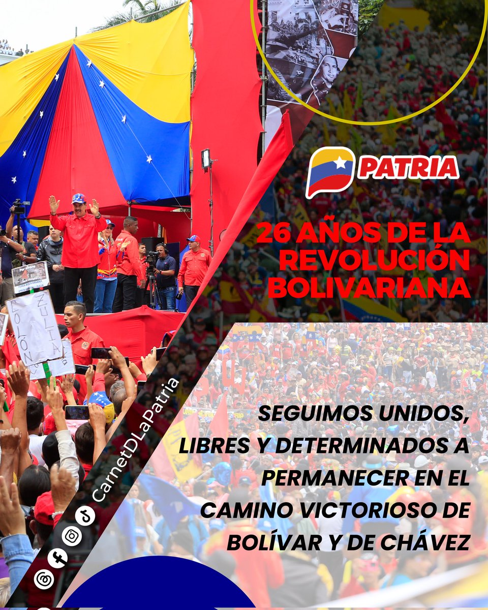 Qué historia tan grande hemos vivido y estamos todavía por construir. 
Son 26 años de Revolución.
Seguimos unidos, libres y determinados a permanecer en el camino victorioso de Bolivar y de Chávez.

¡Viva la Revolución Bolivariana! <a href="/nicolasmaduro/">Nicolás Maduro</a>