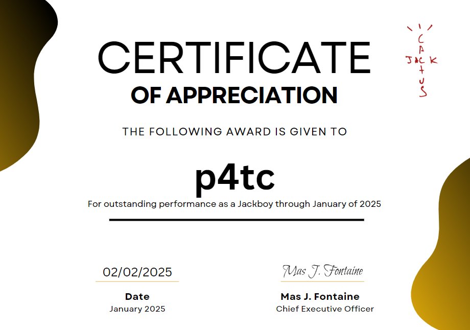 🫡Our most dedicated.

Chief Executive Officer Mas was proud to deliver p4tc with a certificate of appreciation alongside a well deserved promotion to join our management team for his amazing activity throughout January.

😎A company where we value our employees, and reward them.