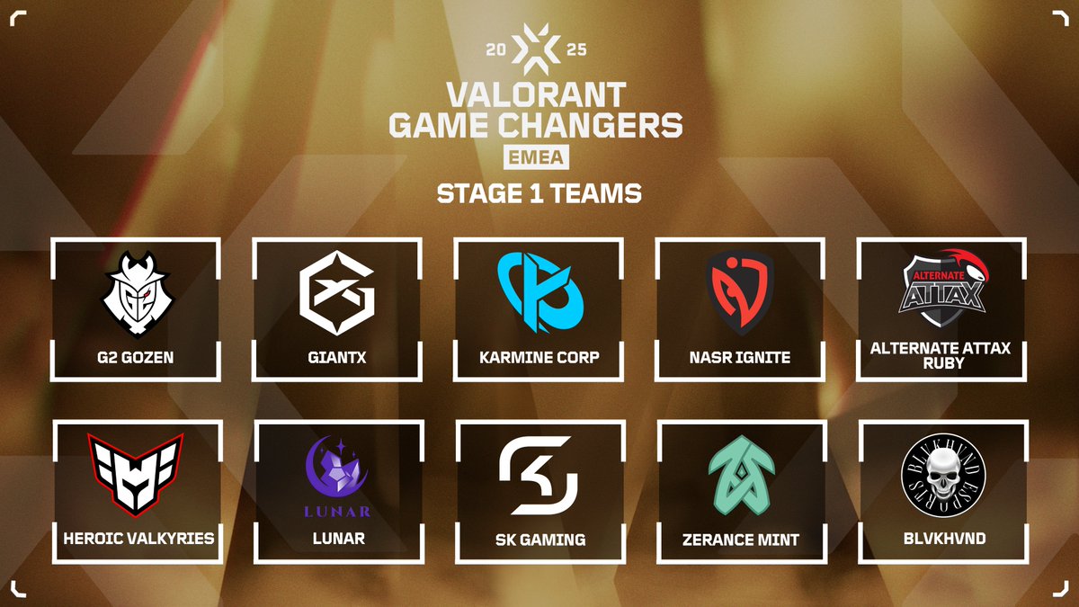 DivE (@divesports_org) on Twitter photo Here are your #VCTGameChangersEMEA Stage 1 teams 👇
🔸 <a href="/G2VALORANT/">G2 VALORANT</a> 🔸 <a href="/GIANTXENG/">GIANTX</a> 🔸 <a href="/KarmineCorpENG/">Karmine Corp ENG</a> 🔸 <a href="/NasrEsports/">NASR ESPORTS</a> 🔸 <a href="/ATNattax/">ALTERNATE aTTaX</a> 🔸 <a href="/heroicvalorant/">HEROIC VALORANT</a> 🔸 Lunar 🔸 <a href="/SKGaming/">SK Gaming</a> 🔸 <a href="/ZerancePartout/">Zerance</a> 🔸 <a href="/BLVKHVND/">BLVKHVND</a>
Stage 1 starts on the 15th of February - stay tuned for more Here are your #VCTGameChangersEMEA Stage 1 teams 👇
🔸 <a href="/G2VALORANT/">G2 VALORANT</a> 🔸 <a href="/GIANTXENG/">GIANTX</a> 🔸 <a href="/KarmineCorpENG/">Karmine Corp ENG</a> 🔸 <a href="/NasrEsports/">NASR ESPORTS</a> 🔸 <a href="/ATNattax/">ALTERNATE aTTaX</a> 🔸 <a href="/heroicvalorant/">HEROIC VALORANT</a> 🔸 Lunar 🔸 <a href="/SKGaming/">SK Gaming</a> 🔸 <a href="/ZerancePartout/">Zerance</a> 🔸 <a href="/BLVKHVND/">BLVKHVND</a>
Stage 1 starts on the 15th of February - stay tuned for more