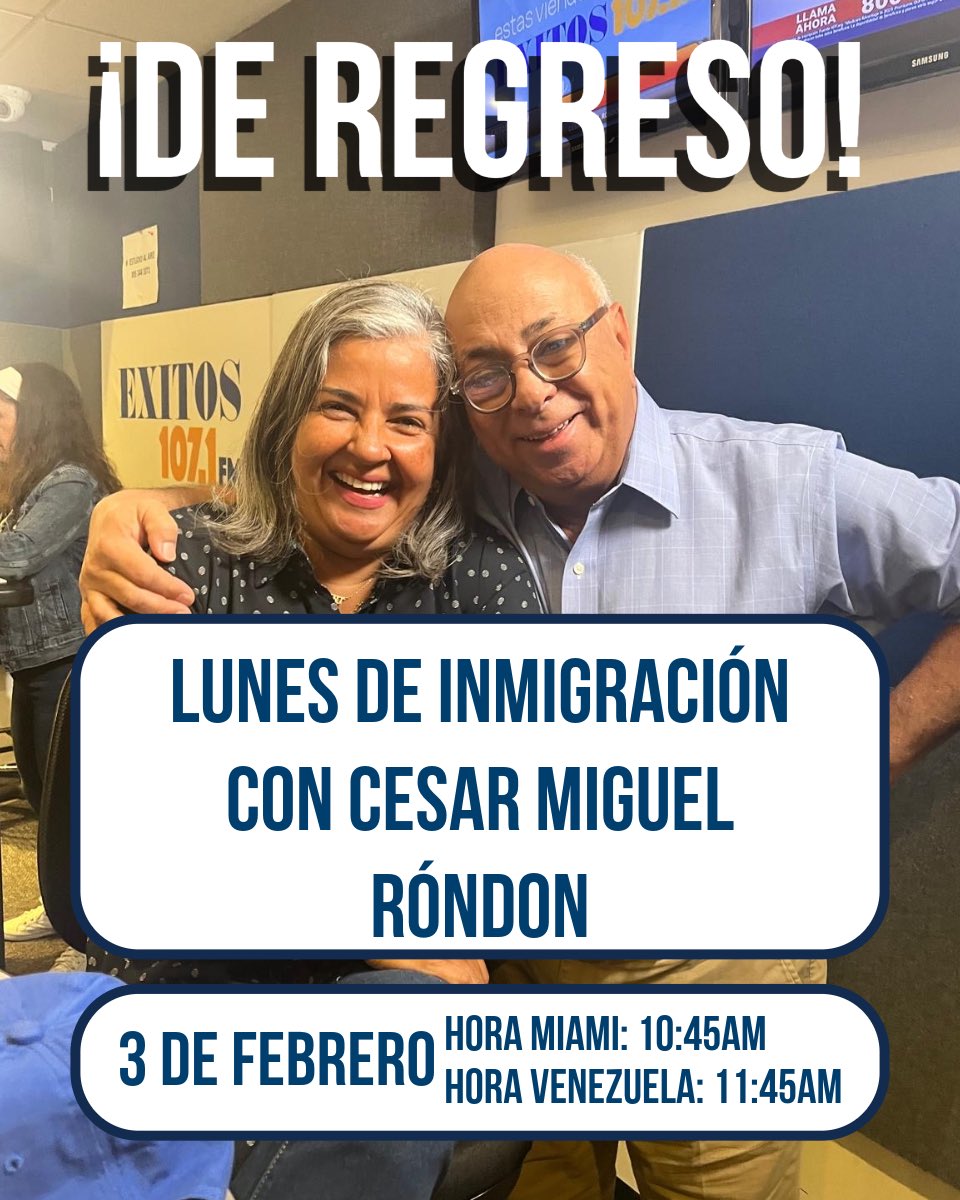 Mañana Lunes 3 de Febrero estamos nuevamente con <a href="/cmrondon/">César Miguel Rondón</a> respondiendo preguntas acerca de inmigración en “Lunes de Inmigración” 

Hora Miami🇺🇸: 10:45AM
Hora Venezuela🇻🇪: 11:45AM

¡No te lo pierdas!