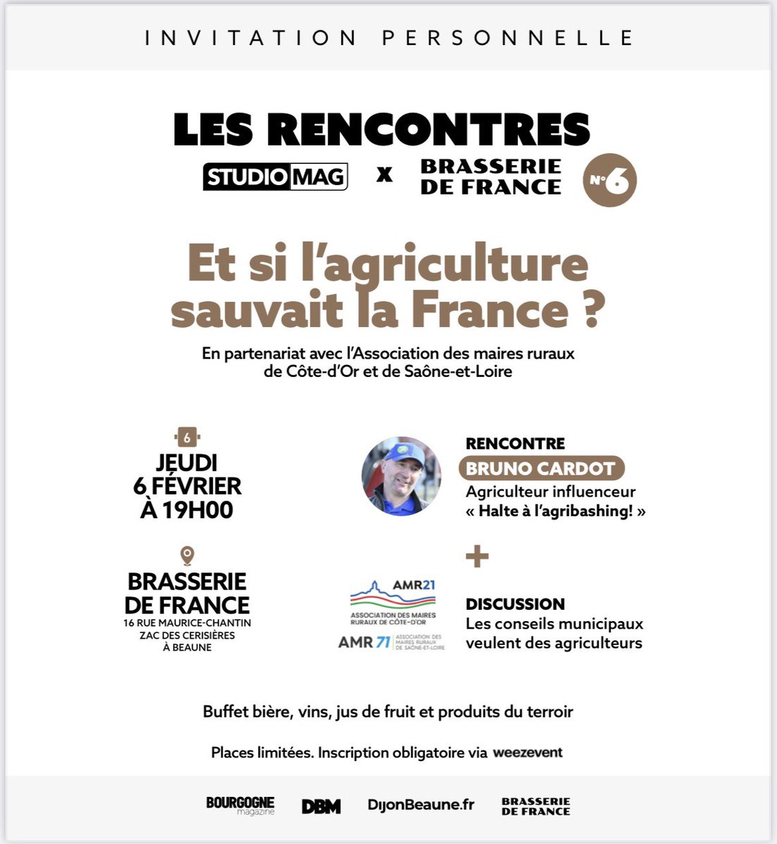 🇫🇷 « Et si l’#agriculture sauvait la #France ? »
🗣️ Venez, jeudi soir, partager la 6e Rencontre Studio Mag x Brasserie de France avec <a href="/BruCardot/">Bruno 😅Salut Salut</a> sur le thème de l’#agribashing en partenariat avec les <a href="/Maires_Ruraux/">AMRF</a> de Côte-d'Or et Saône-et-Loire.👇
my.weezevent.com/6e-rencontres-…