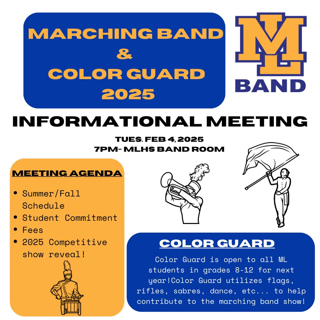 mlbandprogram's tweet image. Marching Band &amp;amp; Color Guard meeting on Tuesday this week!