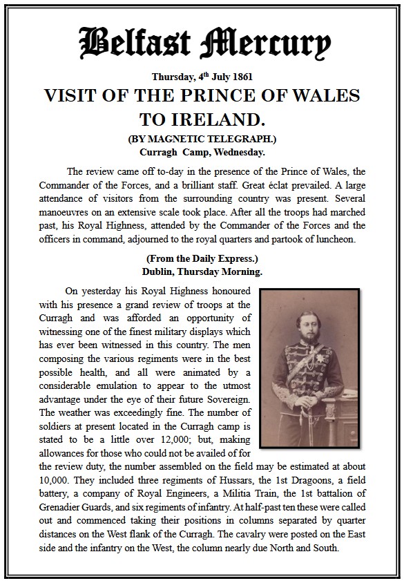 curraghhistory's tweet image. In July 1861, a grand military review of over 10,000 troops took place on the Curragh plains. The review was held by the Prince of Wales while undergoing military training at the Curragh Camp and attached to the Grenadier Guards.
curragh.info/archives/Royal…