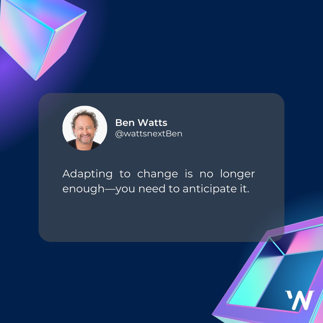 🔮 Adapting to change isn’t enough anymore—you need to anticipate it and stay one step ahead. The future belongs to the proactive, not the reactive. 🌟 

#Leadership #FutureFocused #EmbraceChange #StayAhead #BusinessGrowth