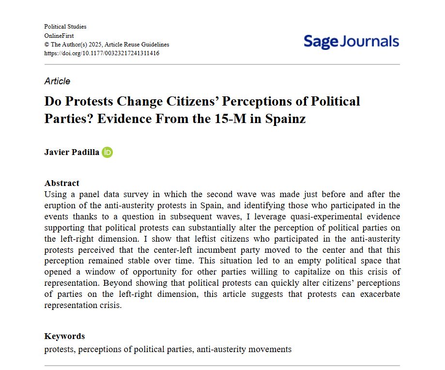 NEW PAPER: Do Protests Change Citizens’ Perceptions of Political Parties? Evidence From the 15-M in Spainz by Javier Padilla

Read in <a href="/PolStudies/">Political Studies</a>: buff.ly/3PWp0Yz

@SAGECQPolitics <a href="/PolStudiesAssoc/">Political Studies Association</a>