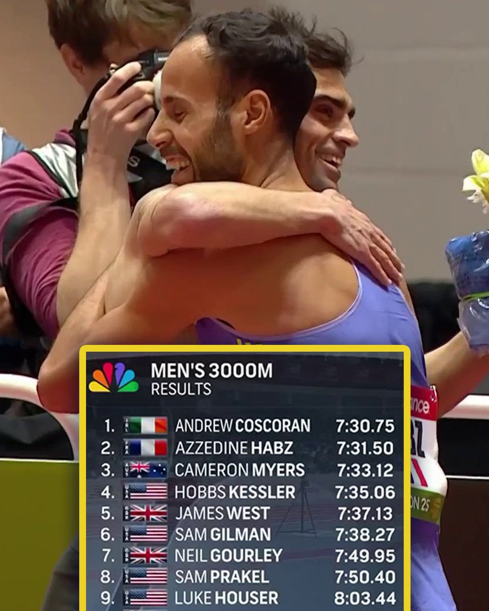 8 PBs and 3 national records in the NBIGP men's 3K 😳

7:30.75🇮🇪Andrew Coscoran (NR)
7:31.50🇫🇷Azzedine Habz (NR)
7:33.12🇦🇺Cameron Myers (NR)