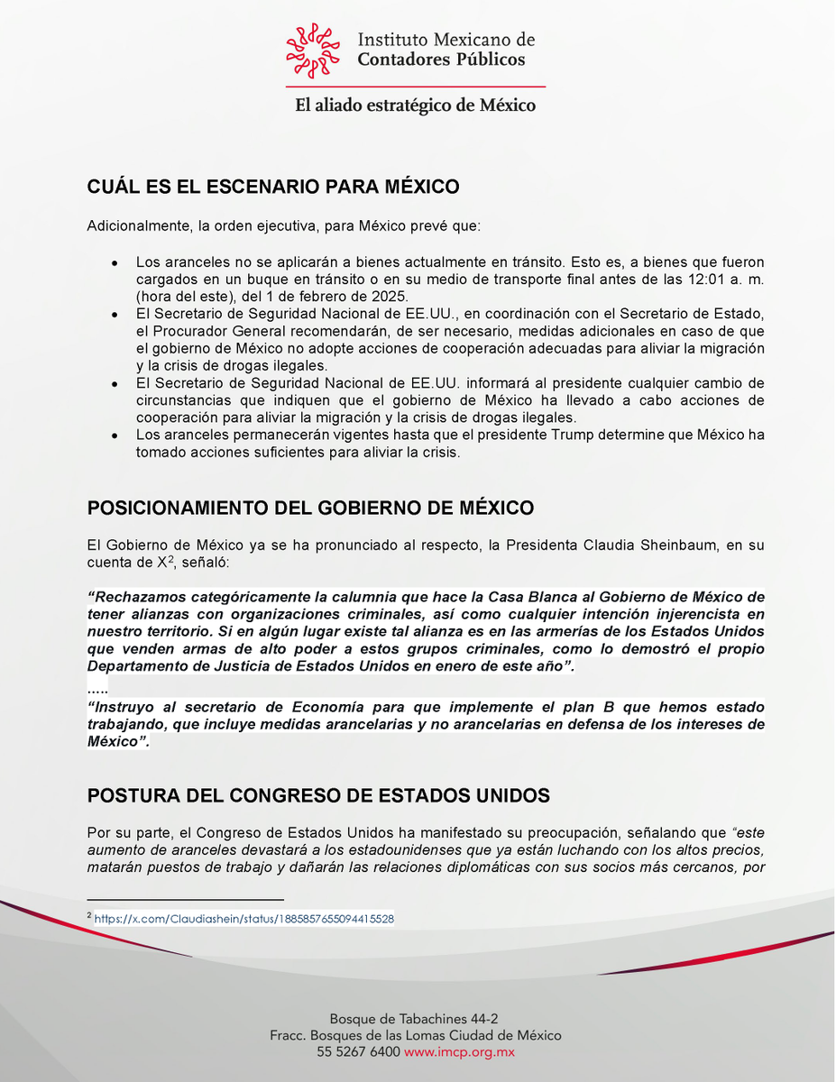 IMCP's tweet photo. Pronunciamiento del Instituto Mexicano de Contadores Públicos #IMCP al incremento de aranceles de USA. https://t.co/VQrTsibXy2