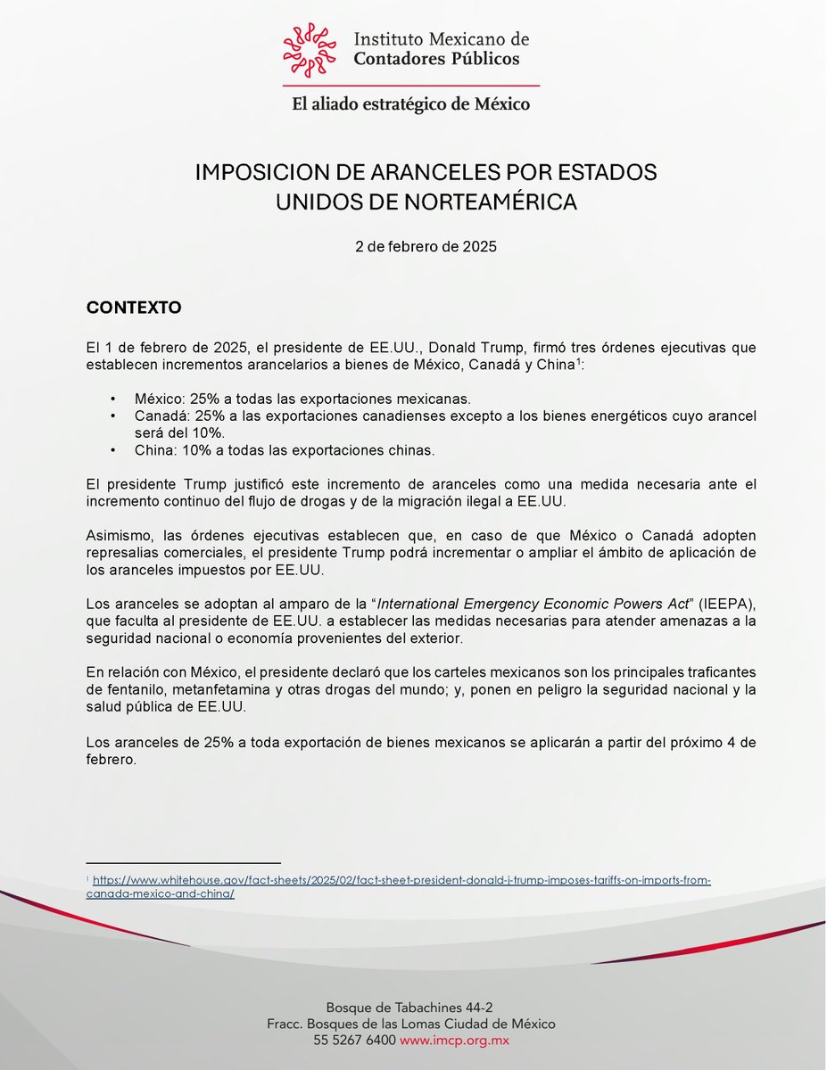 IMCP's tweet photo. Pronunciamiento del Instituto Mexicano de Contadores Públicos #IMCP al incremento de aranceles de USA. https://t.co/VQrTsibXy2