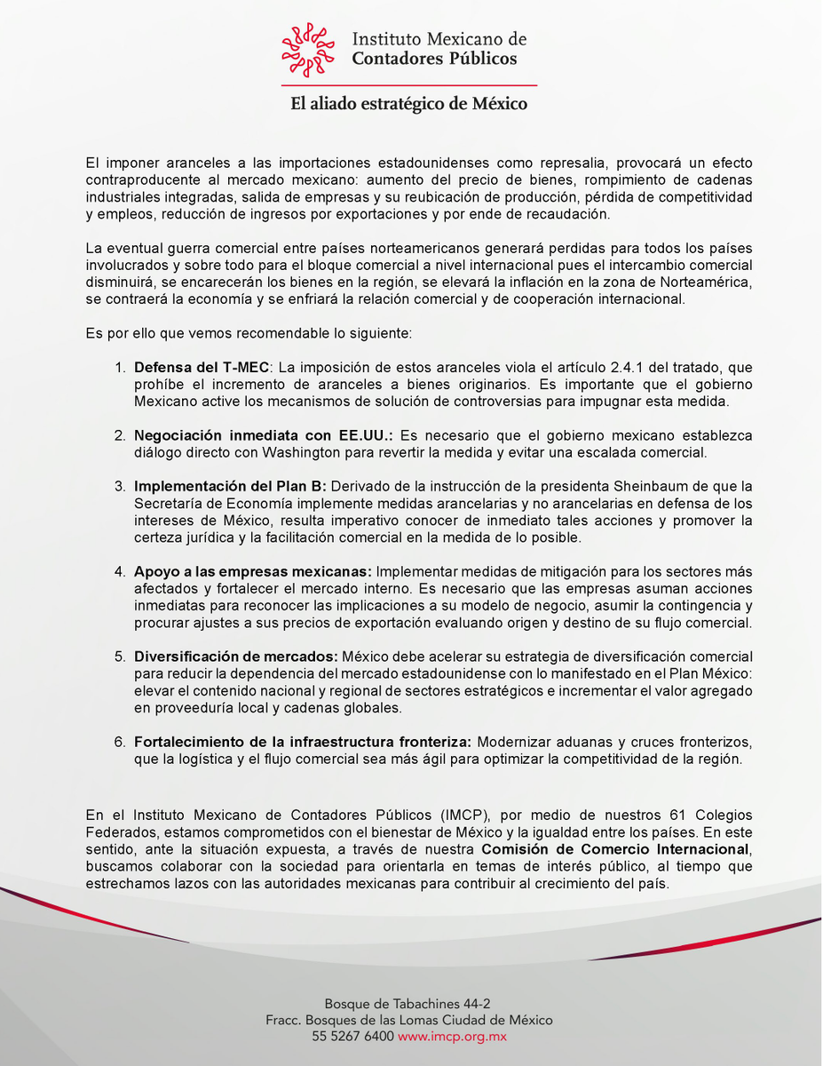 IMCP's tweet photo. Pronunciamiento del Instituto Mexicano de Contadores Públicos #IMCP al incremento de aranceles de USA. https://t.co/VQrTsibXy2
