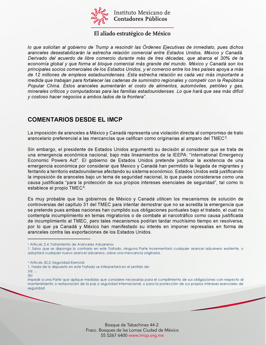 IMCP's tweet photo. Pronunciamiento del Instituto Mexicano de Contadores Públicos #IMCP al incremento de aranceles de USA. https://t.co/VQrTsibXy2