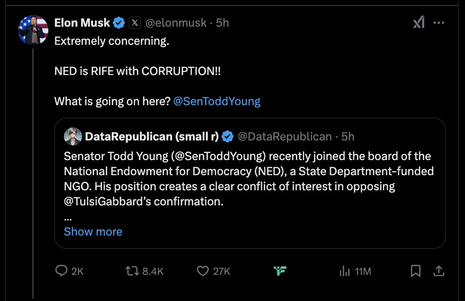 Everything Elon Musk is doing is SO closely aligned with Putin's goals it's eerie. After destroying USAID, Elon is now set on dismantling the National Endowment for Democracy. Both of these institutions champion the benefits of democracy around the world. 

Reagan started the NED