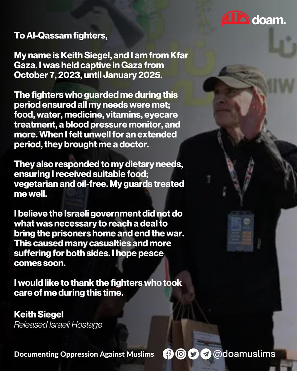 doamuslims's tweet photo. Former Israeli captive Keith Siegel wrote a letter to Al-Qassam fighters before his release in yesterday's prisoner exchange deal. #Gaza https://t.co/XhFOH7CXRe
