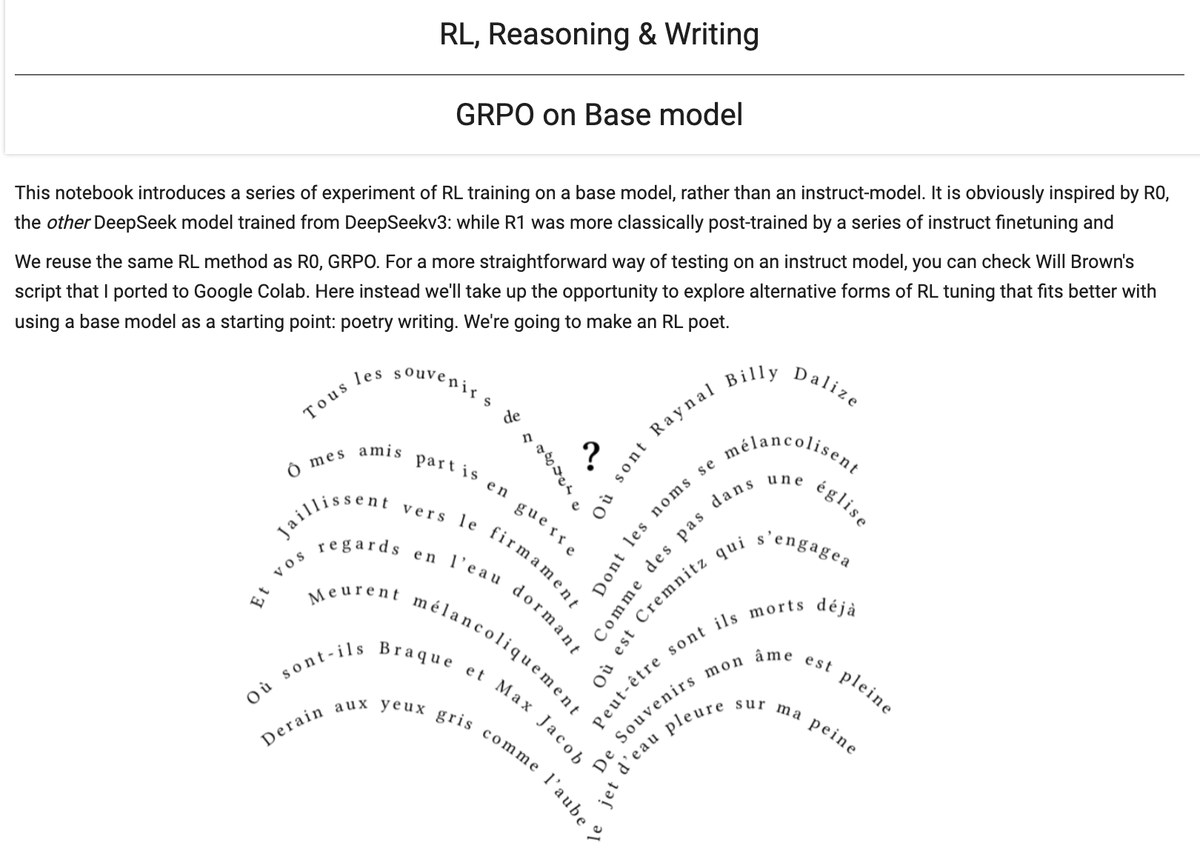 Dorialexander's tweet photo. I release my first attempts at training a base model with GRPO. In a similar spirit to R0, this colab notebook transforms Pleias-350m into an RL poet without any post-training data, using only reward functions. https://t.co/tYSp8NYI1s https://t.co/rQ0iVquxLz