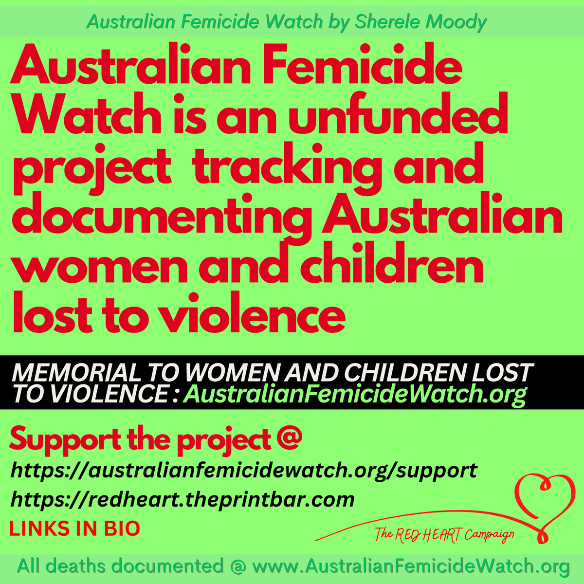 ShereleMoody's tweet photo. ❤️SHE MATTERS: UNNAMED WOMAN ❤️

A woman coming home from holidays with her mum. 
A woman killed by a man on a mission to end his own life. 
A woman forgotten about by the media.
Her name is unknown. 
But the story of her death is all too familiar.
She was just 56 years old when a 43-year-old male deliberately drove the wrong way - at speed - on the Leach Highway in Cloverdale, WA, on January 13.
She was in a taxi with her 81-year-old mother. Her mum and the driver of the taxi were both killed.
Police have confirmed the man who killed these three people made a deliberate choice to drive dangerously toward another vehicle. They have confirmed a murder-suicide investigation.
She is the 2nd Australian woman killed in 2025 - her mum is the third Australian woman killed. 
Since their deaths, we have lost four more women to violence. The 2025 killed women toll is now seven.
It's disheartening to be unable to tell you anything about this victim. And it is made even worse by the media going out of their way to identify the killer and to write sympathetic stories about him - another familiar story and one that's unlikely to change.
The killing of Australian women is an epidemic. In the past 57 weeks, we've lost 108 women to violence. That's about 2 women killed (on average) each week.
I've spent three weeks trying to confirm this woman's and her mum's identity, but it's been to no avail. If you are able to provide more information, please email sherele@AustralianFemicideWatch.org

REST IN POWER UNNAMED WOMAN❤️

Unnamed woman artwork by @amanihaydar

❤️The Memorial to Women and Children Lost to Violence: https://t.co/QJ2OuxMB8C
❤️The Australian Femicide & Child Death Map: https://t.co/HUEd7YnyWr

****
❤️ Please support my work ❤️
I need your support to continue documenting killed women and children. Please consider donating to The RED HEART Campaign or buying a RED HEART t-shirt. 100% of money raised funds the Memorial to Women and Children Lost to Violence and Australian Femicide Watch.

❤️Donate: https://t.co/F217syFkTh
❤️Shop: https://t.co/eLlhUBgEHM

#femicide #womenssafety #violenceagainstwomen #domesticviolence #maleviolenc