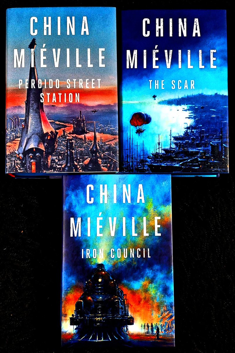 CrabbeToby's tweet photo. Thrilled with my New Favourite New Weird Editions of the New Crobuzon books by #ChinaMieville from @binding_broken ๐๐๐ฃ. Room for one more with 'The City and the City' ๐๐ #newweird #weirdfiction #perdidostreetstation #thescar #ironcouncil #lovecraft #beautifulbooks #bookporn https://t.co/0UyWZ7Ji3t
