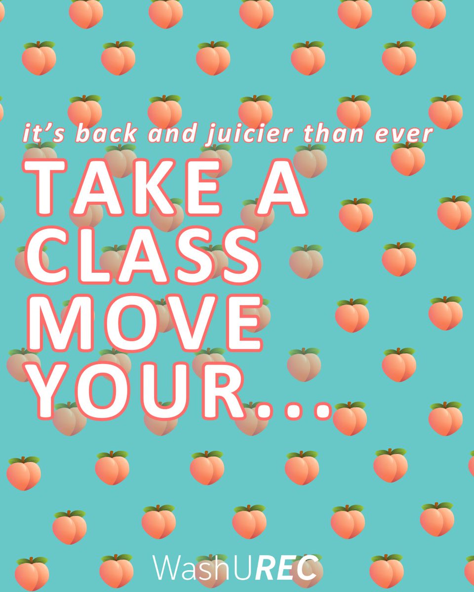 WashURec's tweet photo. Join the "Take a Class, Move Your... 🍑" challenge from February 1 to March 1! Attend 12 BearFIT classes, collect peach stickers, and earn an exclusive BearFIT T-shirt or tank. Sign up at the main desk, track your progress, and let's get moving! https://t.co/jEUmlMNHue