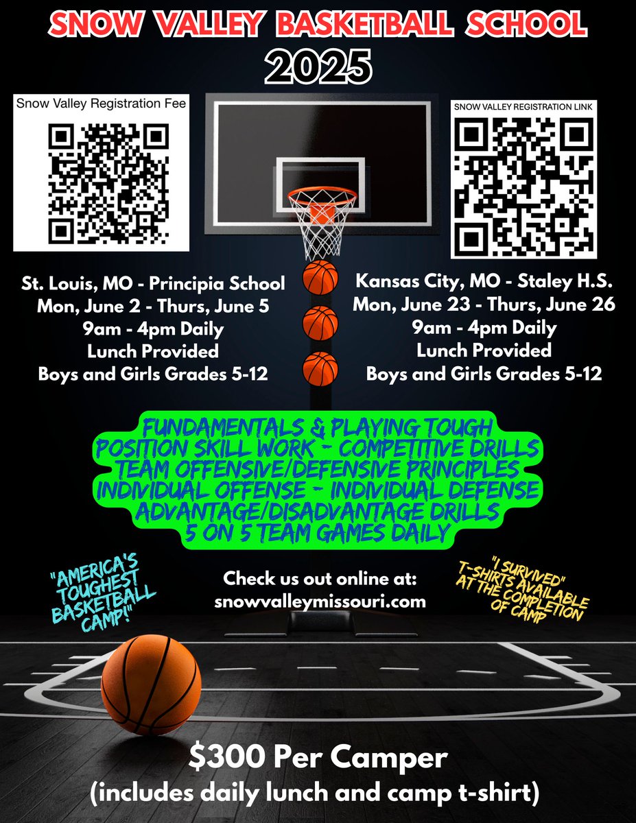 Come be a part of another awesome summer of Snow Valley Basketball School at Snow Valley Missouri!  Check us out at snowvalleymissouri.com and follow us on X <a href="/SnowMissouri/">SnowValleyMissouri</a> and instagram at snowvalleyhoopsmissouri!
