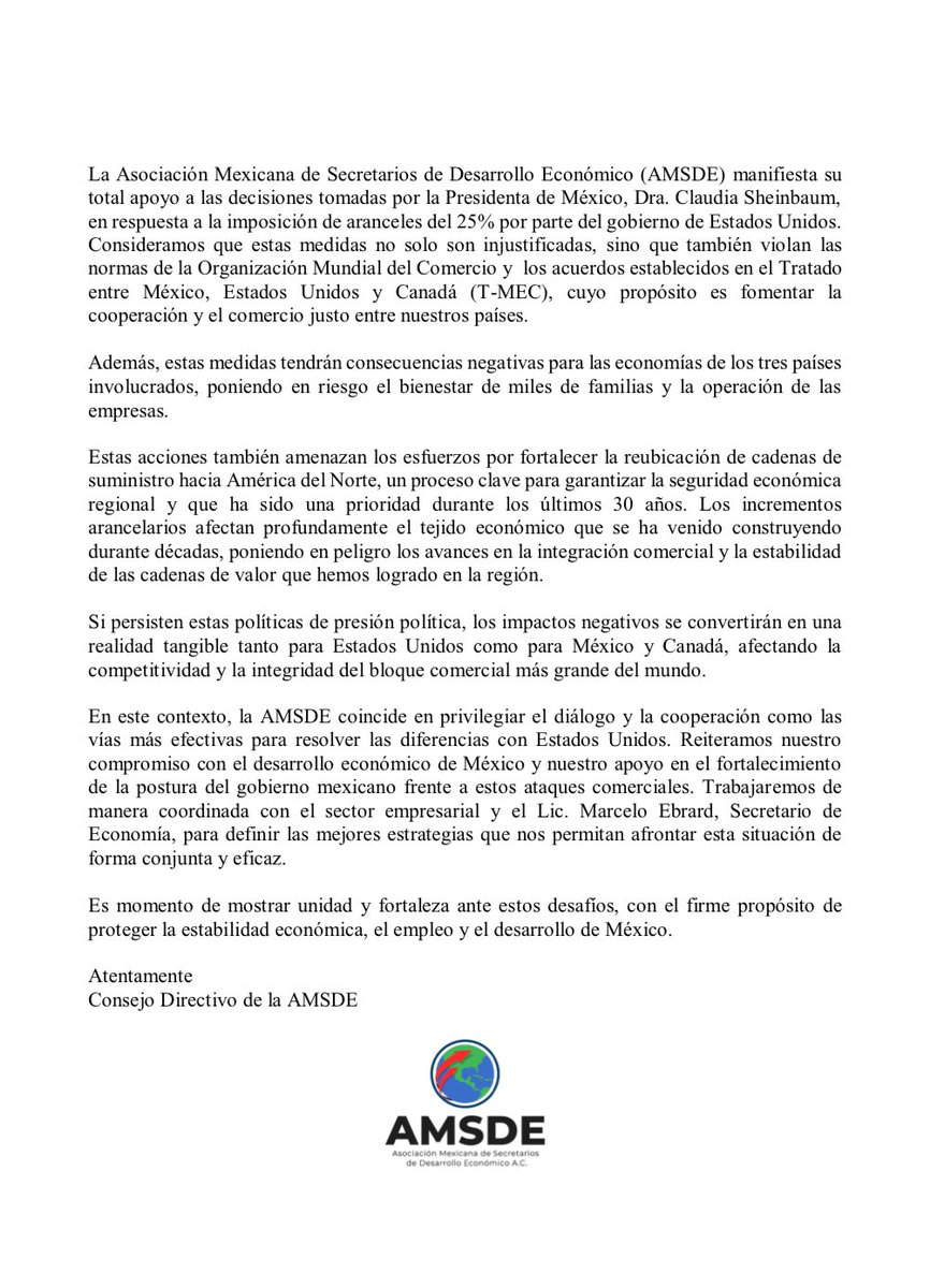 📢 La <a href="/amsdemex/">AMSDE</a> respalda las decisiones de la presidenta <a href="/Claudiashein/">Claudia Sheinbaum Pardo</a> ante los aranceles impuestos por EE.UU. Apostamos por el diálogo y la cooperación para defender la estabilidad económica y el comercio justo en Norteamérica. #TMEC