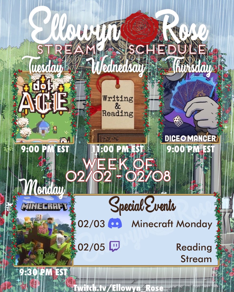 Ellowyn_Rose's tweet photo. I'm snuggled up for Stardew Vally stream with PurplesForgetful! 
Here’s the plan:

Sun, Feb 2nd @ 7PM EST | Stardew Valley
Mon, Feb 3rd @ 9:30PM EST | Minecraft Monday
Tue, Feb 4th @ 9PM EST | DotAGE
Wed, Feb 5th @ 11PM EST | Bed Time Stories
Thu, Feb 6th @ 9PM EST | Diceomancer https://t.co/bfPULLaNzt