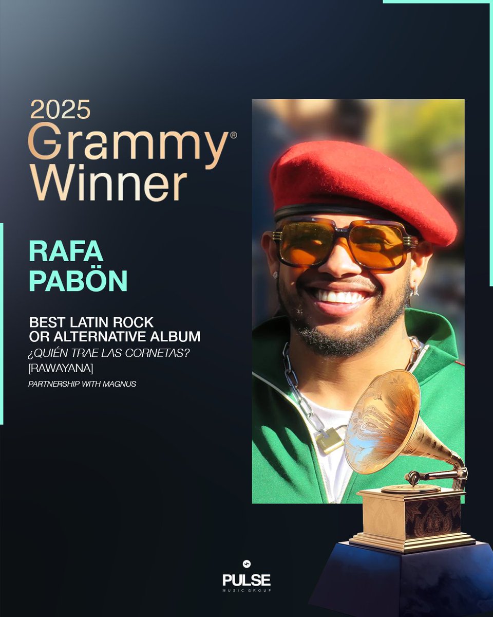 PulseRecording's tweet photo. Congratulations to @RafaPabonMusic 

Best Latin Rock or Alternative Album 🏆🎵

#GRAMMYs #Grammys2025

🤝 @magnusmedia https://t.co/QdeJaM9F0h