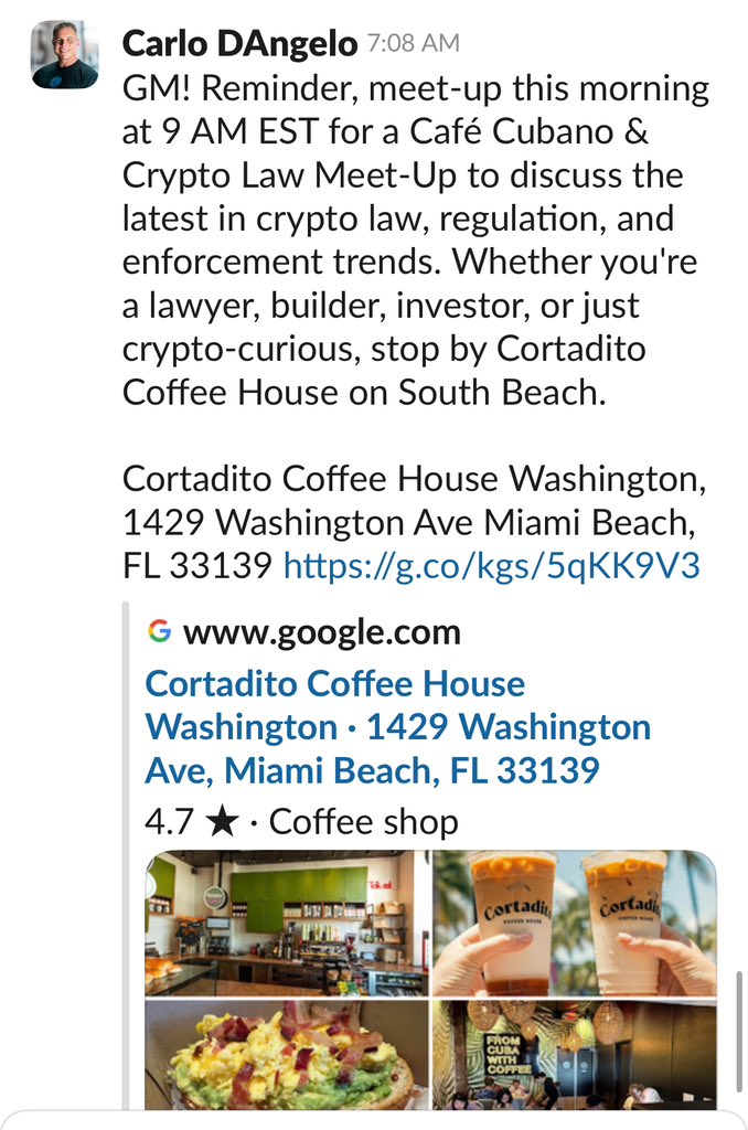 CarloDAngelo's tweet photo. Thanks to all the @RealVision fam who came out this morning for the Café Cubano &amp; Crypto Law Meet-Up to discuss the latest in crypto law, regulation, and enforcement trends. Great company. Great conversation. We should do more of these! ⚖️☕️ https://t.co/k7ooZrnuvM
