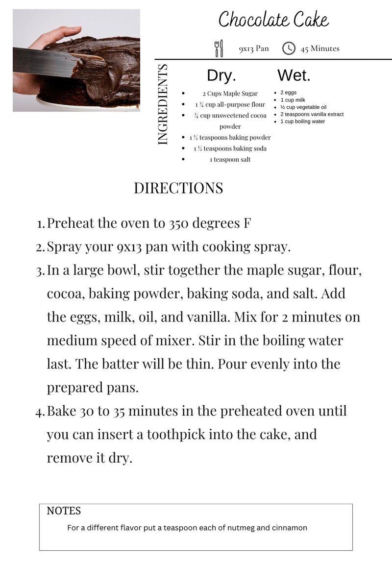 SawyersMaple's tweet photo. Try this really good cake recipe. If you get a chance to try it post a picture in the comments. Also feel free to share away.  #chocolatelover #chocolatecake #maplesugar https://t.co/VANpLsAySp