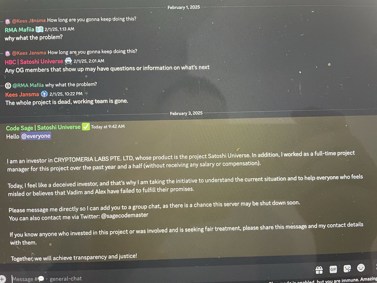 sagecodemaster's tweet image. I am an investor in @CryptomeriaLabs, whose product is the project @universesatoshi . In addition, I worked as a full-time project manager for this project over the past year and a half. Today, I feel like a deceived investor.