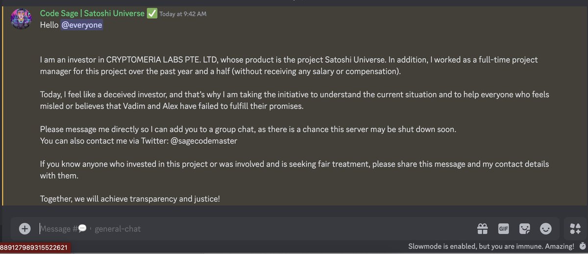 sagecodemaster's tweet image. I am an investor in @CryptomeriaLabs, whose product is the project @universesatoshi . In addition, I worked as a full-time project manager for this project over the past year and a half. Today, I feel like a deceived investor.