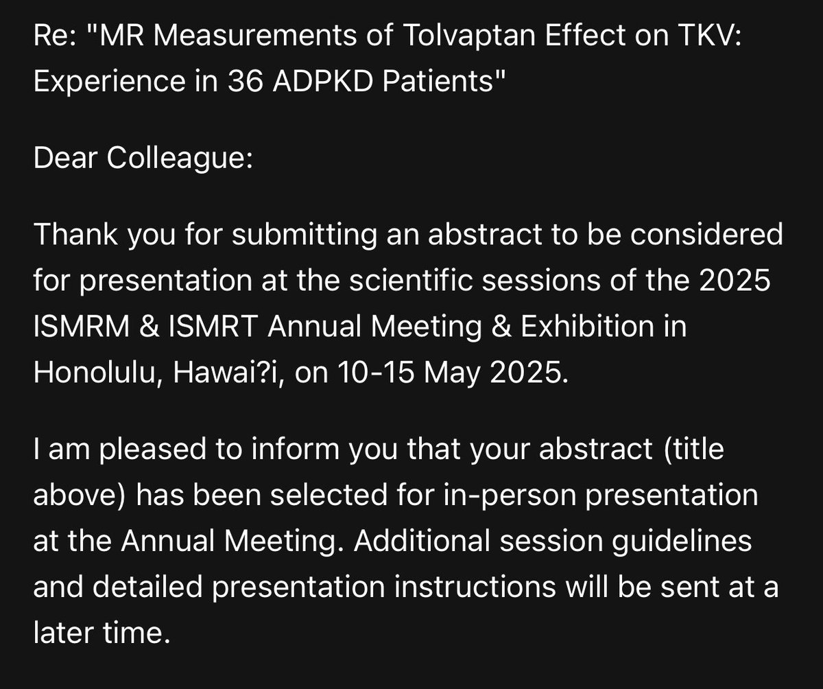 Hreedi Dev (@hreedidev) on Twitter photo Happy to share that my abstract has been accepted for presentation at #ISMRM2025! Looking forward to sharing my work with everyone. #ISMRM #ADPKD #Tolvaptan
<a href="/WCMRadiology/">Weill Cornell Medicine Radiology</a> <a href="/WeillCornell/">Weill Cornell Medicine</a> <a href="/rogosin/">Rogosin Institute</a> Happy to share that my abstract has been accepted for presentation at #ISMRM2025! Looking forward to sharing my work with everyone. #ISMRM #ADPKD #Tolvaptan
<a href="/WCMRadiology/">Weill Cornell Medicine Radiology</a> <a href="/WeillCornell/">Weill Cornell Medicine</a> <a href="/rogosin/">Rogosin Institute</a>