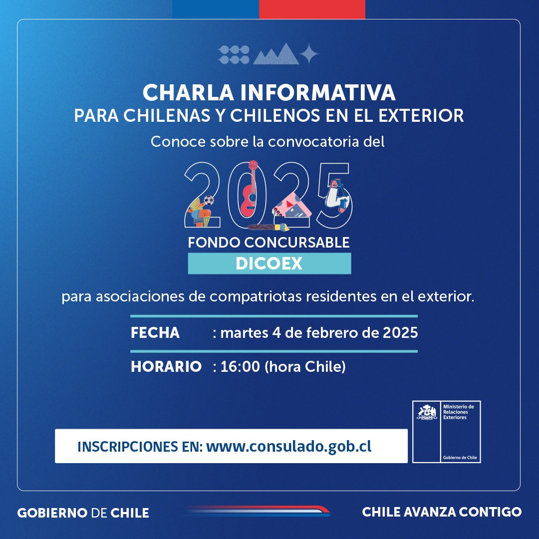 📌¡No te pierdas la próxima charla <a href="/dicoex/">Dicoex</a>!

¿Sabes cómo postular al Fondo Concursable para asociaciones de chilenas y chilenos en el exterior?  Conéctate en línea y resuelve tus dudas para la convocatoria 2025.

Inscríbete aquí 👉 bit.ly/3U5YDlS