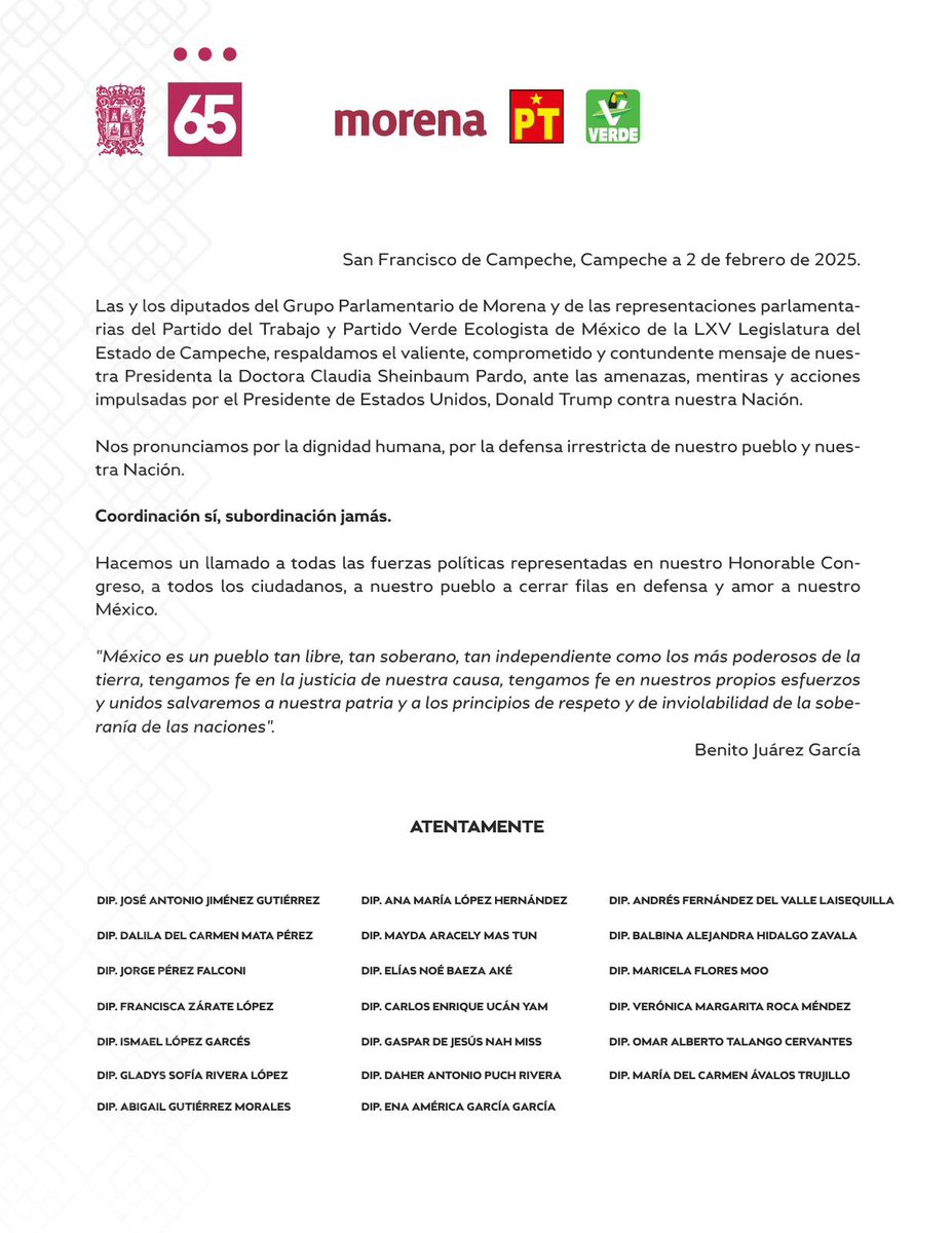 LaydaSansores's tweet photo. Las y los diputados del Grupo Parlamentario de Morena, del Partido del Trabajo y del Partido Verde Ecologista de México, de la LXV Legislatura del Estado de Campeche, respaldan el valiente, comprometido y contundente mensaje de nuestra PresidentA @Claudiashein. https://t.co/Ez7P0LWdxl