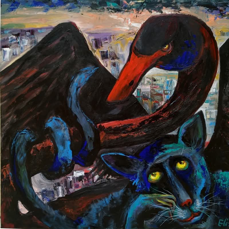 TOTEM ANIMALS of OUR TIME 
(Elisheva Nesis, canvas/acrylic, series "THIN CONNECTIONS", 70 x 70 cm

#animals #blackswan #blackcats #society #art #symbolism #elishevanesis #contemporaryart