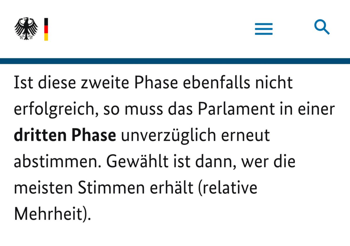Kommt die Linke über die 5%-Hürde, könnten SPD, Grüne und Linke zusammen eine relative Mehrheit im Bundestag erreichen und Habeck im dritten Wahlgang zum Kanzler wählen.
bundeskanzler.de/bk-de/kanzlera…