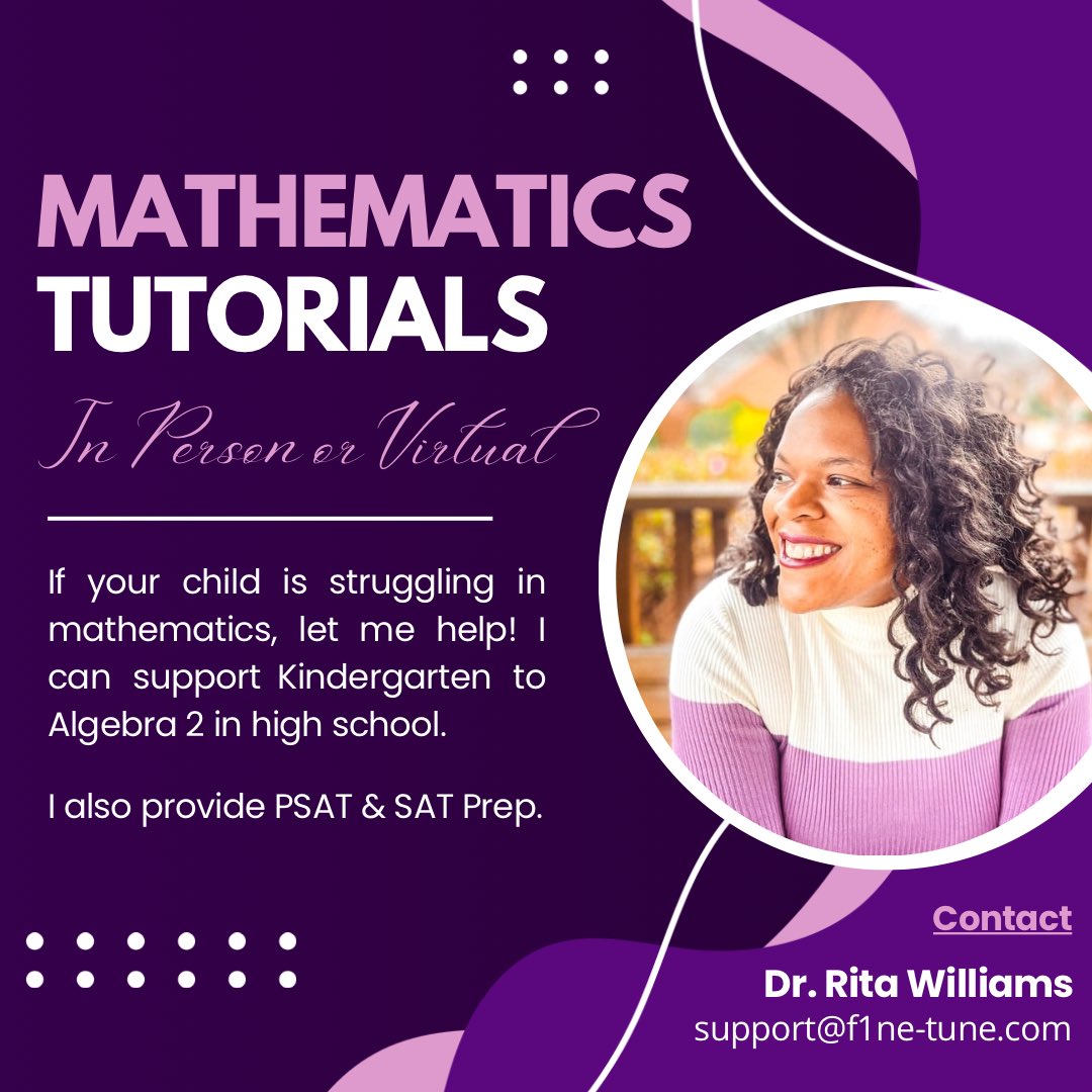 f1netune's tweet photo. New venture! Limited availability, so don’t delay. Contact @F1NE_RW today. 💜
#MathTutor #Math #Tutorial #VirtualTutoring #SATPrep #SATTutor #PSATTutor https://t.co/NXznIsX39s