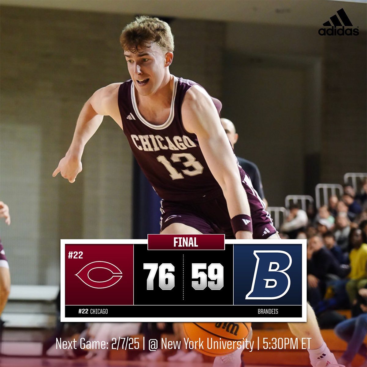 Final! #22 Chicago moves to 14-4 on the season after a 76-59 win against Brandeis. #MaroonPride