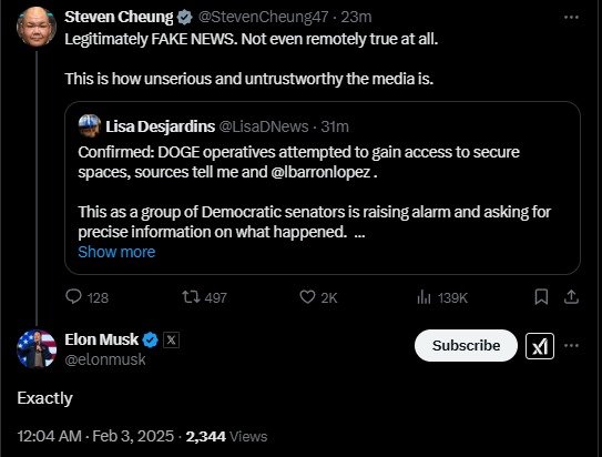 🚨🇺🇸CLAIMS OF DOGE SECURITY BREACH ARE TOTALLY FAKE
Lisa Desjardins, a PBS NewsHour reporter, claimed DOGE operatives attempted to access secure spaces, but Steven Cheung, Assistant to the President &amp; White House Director of Communications, dismissed it immediately.
“
 FAKE NEWS.
