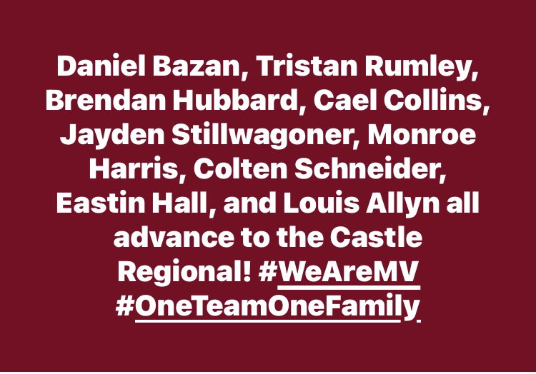 MTV_WR's tweet photo. A great start to our postseason run! We advance 9 to next weekends Castle Regional! #weareMV #OneTeamOneFamily https://t.co/nRIBQY3PWm