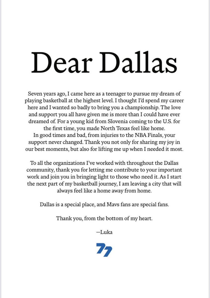 SportsCenter (@sportscenter) on Twitter photo Luka Doncic released a statement following his trade from the Mavs to the Lakers 💙
"I thought I'd spend my career here and I wanted so badly to bring you a championship."
(via <a href="/luka7doncic/">Luka Doncic</a>) Luka Doncic released a statement following his trade from the Mavs to the Lakers 💙
"I thought I'd spend my career here and I wanted so badly to bring you a championship."
(via <a href="/luka7doncic/">Luka Doncic</a>)