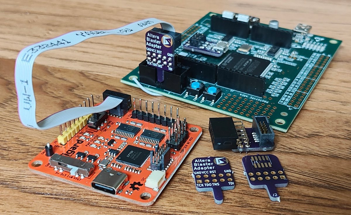 openFPGALoader supports a wide range of programming adapters, including the popular Tigard board by <a href="/securelyfitz/">Joe Fitz</a> 
I created a handy adapter for connecting Tigard to the standard USB Blaster pinout
github.com/steieio/swd-bl…