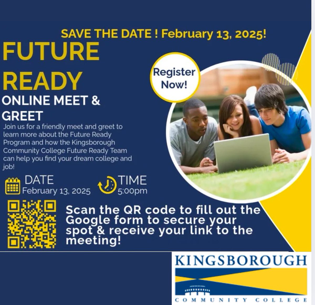 🚀 Get FutureReady with Us! 🚀
Join us February 13th for the online FutureReady Meet &amp; Greet!🎓✨ Learn real-world skills, gain career support, and  exciting opportunities. 
📅 Date: February 13th @ 5:00PM
📍 Location: Online
🔗 Register now by scanning the QR code.
