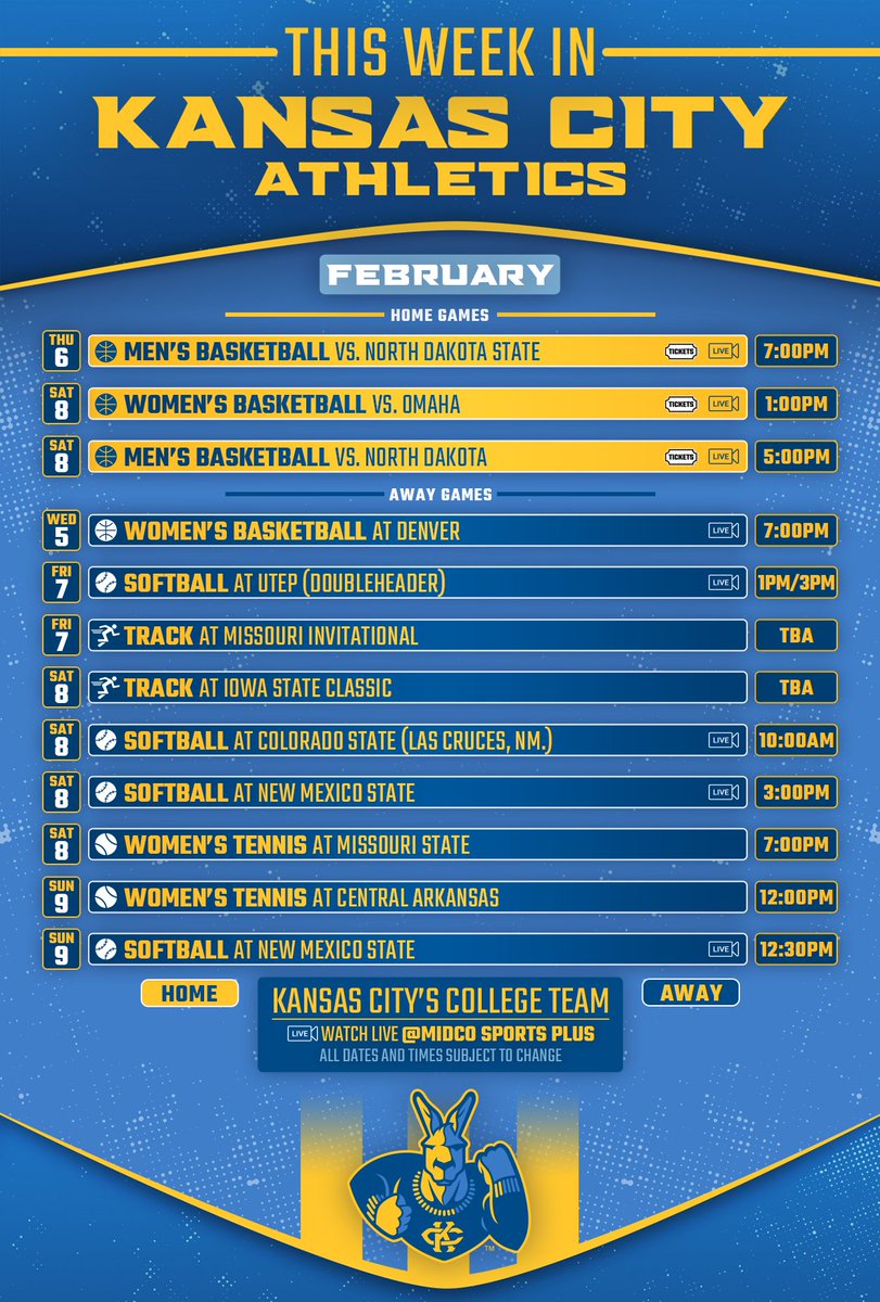 Kansas City Athletics (@kcroosathletics) on Twitter photo You're going to need to zoom iin on this one ๐โผ๏ธ
Another huge week for our #KCRoos and home <a href="/KCRoosMBB/">Kansas City Men's Basketball</a> & <a href="/KCRoosWBB/">Kansas City Women's Basketball</a> you do not want to miss!
Tickets: bit.ly/3Yiv3vS
#ROOUP | #GoRoosGo | #RoosHouse | #umkc You're going to need to zoom iin on this one ๐โผ๏ธ
Another huge week for our #KCRoos and home <a href="/KCRoosMBB/">Kansas City Men's Basketball</a> & <a href="/KCRoosWBB/">Kansas City Women's Basketball</a> you do not want to miss!
Tickets: bit.ly/3Yiv3vS
#ROOUP | #GoRoosGo | #RoosHouse | #umkc