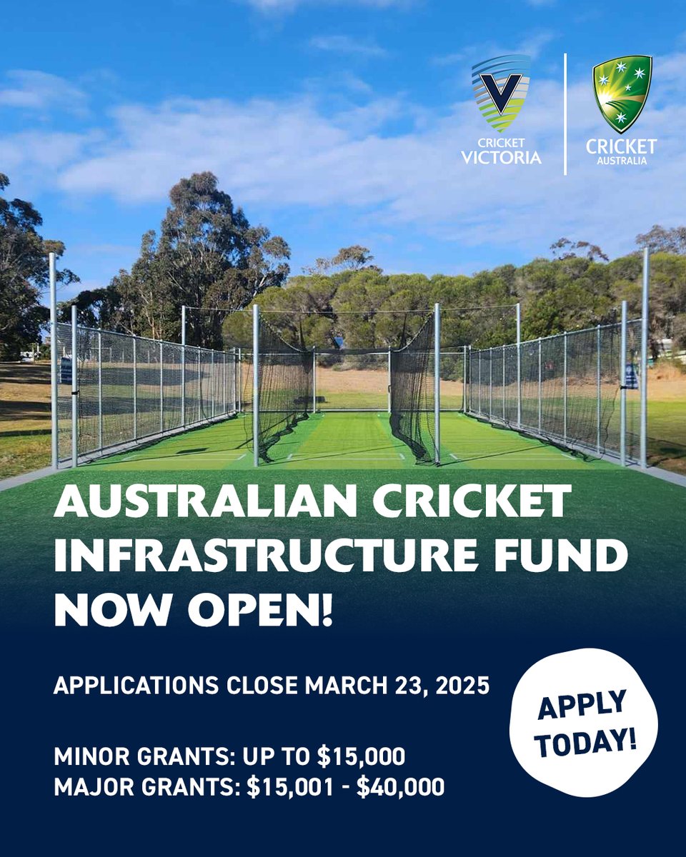 Breaking News! 🚨

Applications are now OPEN to Victorian cricket clubs, associations and local governments for the 2024-25 Australian Cricket Infrastructure Fund.

🏏 Find out more: cricvi.co/ACIF2024-25
🏏 Apply: cricketvictoria.com.au/clubs-support/…