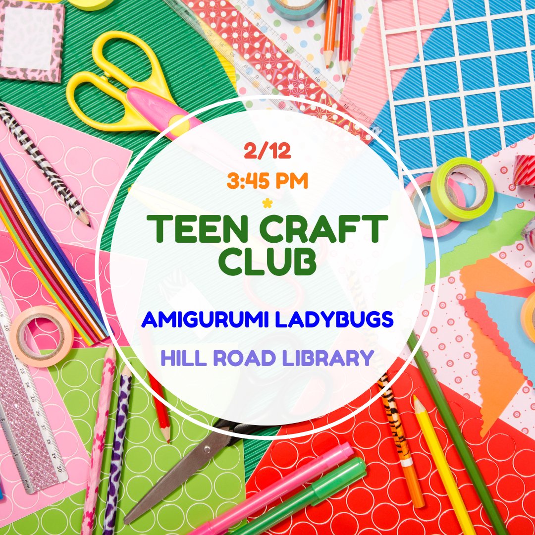 vencolibrary's tweet photo. Join us at Hill Road Library for teen craft club for Amigurumi Ladybugs . Amigurumi is the art of small knit and crochet toys. In this meeting we'll create adorable ladybugs. This program is designed for people ages 11-19. #TeenCrafts #Amigurumi #KnitAndCrochet #HillRoadLibrary https://t.co/EDFYjnPSr4