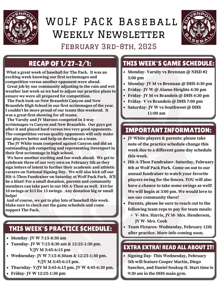 Davenport Baseball (@bsbldavenport) on Twitter photo Wolf Pack Weekly Newsletter. Week of 2-3-25. GO WOLVES! <a href="/BuildThePack/">BuildThePack</a> <a href="/DavenportWolves/">DHS Wolves Athletics</a> <a href="/jdzimmerhanzel/">JD Zimmerhanzel</a> <a href="/dhs_looney/">Angela Looney</a> <a href="/KristinLeihsin1/">Kristin Leihsing</a> <a href="/MeLoPappas/">Meredith Pappas</a> <a href="/jeffstracener/">Jeff Stracener</a> <a href="/BMar1842/">Brian Martinez</a> <a href="/cisdnews/">Comal ISD</a> <a href="/DrChapmanCISD/">Dr. John E. Chapman III - Comal ISD Superintendent</a> <a href="/GoingAllday/">Forrestt Allday</a> <a href="/ReddingWeston/">Coach Redding</a> <a href="/taylour_to5o/">Taylour Toso</a> Wolf Pack Weekly Newsletter. Week of 2-3-25. GO WOLVES! <a href="/BuildThePack/">BuildThePack</a> <a href="/DavenportWolves/">DHS Wolves Athletics</a> <a href="/jdzimmerhanzel/">JD Zimmerhanzel</a> <a href="/dhs_looney/">Angela Looney</a> <a href="/KristinLeihsin1/">Kristin Leihsing</a> <a href="/MeLoPappas/">Meredith Pappas</a> <a href="/jeffstracener/">Jeff Stracener</a> <a href="/BMar1842/">Brian Martinez</a> <a href="/cisdnews/">Comal ISD</a> <a href="/DrChapmanCISD/">Dr. John E. Chapman III - Comal ISD Superintendent</a> <a href="/GoingAllday/">Forrestt Allday</a> <a href="/ReddingWeston/">Coach Redding</a> <a href="/taylour_to5o/">Taylour Toso</a>