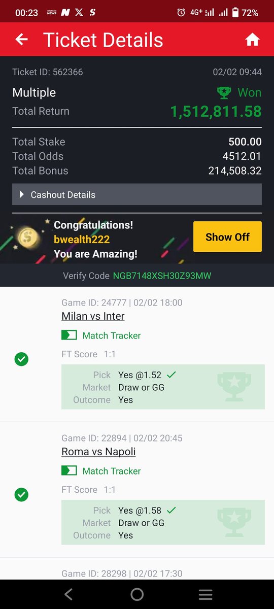 Bwealth22's tweet photo. Boom , 1.5m came home Congratulations to me although,it ought to b N3m but I did partial cash out and last last it still enter ... It painful I lost half of the money but I'm grateful for this 1.5m https://t.co/N0f0cfXMOx