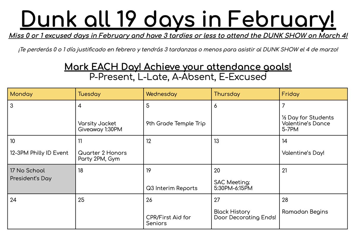 KHSA (@khsaphila) on Twitter photo Dunk all 19 days in February! Be sure to have 0 or 1 excused absences and only 3 tardies to be invited to the DUNK SHOW March 4th! <a href="/PHLfamilies/">Philadelphia Office of Children and Families</a> <a href="/PHLschools/">Philadelphia Schools</a> Dunk all 19 days in February! Be sure to have 0 or 1 excused absences and only 3 tardies to be invited to the DUNK SHOW March 4th! <a href="/PHLfamilies/">Philadelphia Office of Children and Families</a> <a href="/PHLschools/">Philadelphia Schools</a>