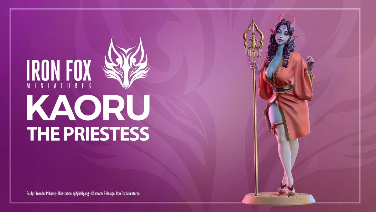 Introducing our newest model: Kaoru, the tiefling priestess!  Sculpted by Leander Pokorny based on an illustration by <a href="/AylisNyang/">Aylis</a>

 #3Dprinting #minipainting