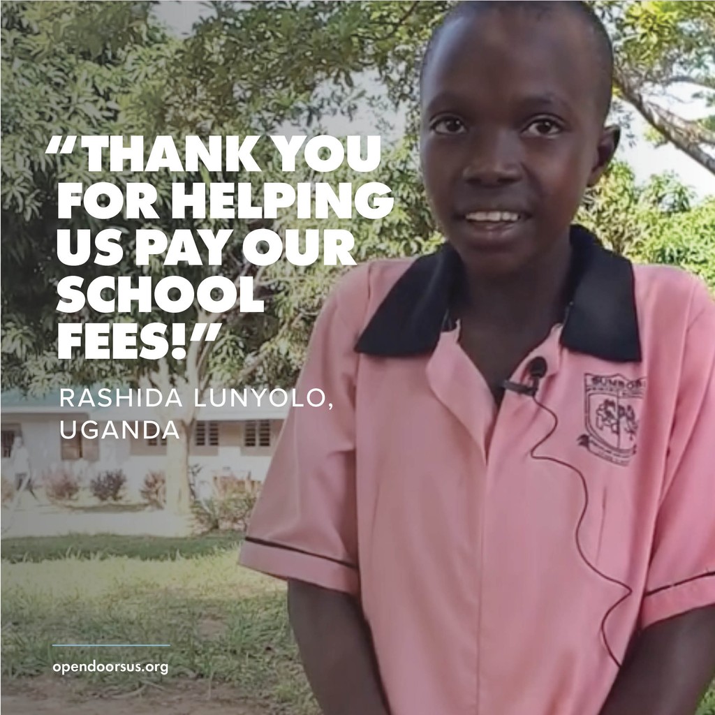 Because of your support, Rashida (pictured) and her siblings can go to school in her home in Uganda. When her mother trusted Jesus, her father abandoned the family, forcing them to leave their home.  

Thank you for partnering with Open Doors! ❤️